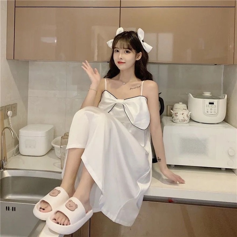 Đầm Ngủ Dáng Rộng Bằng Lụa Băng Đính Nơ Kiểu Công Chúa Ngọt Ngào Hàng Mới Cho Nữ