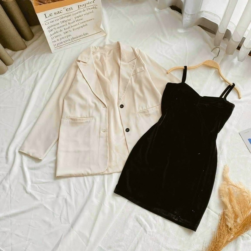 Set Đầm Body 2 Dây Đen Kèm Áo Khoác Vest Áo Blazer Siêu Đẹp