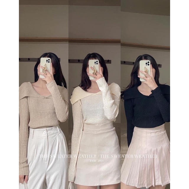 Áo len trễ vai cổ bẻ màu vintage siêu xinh hàng quảng châu