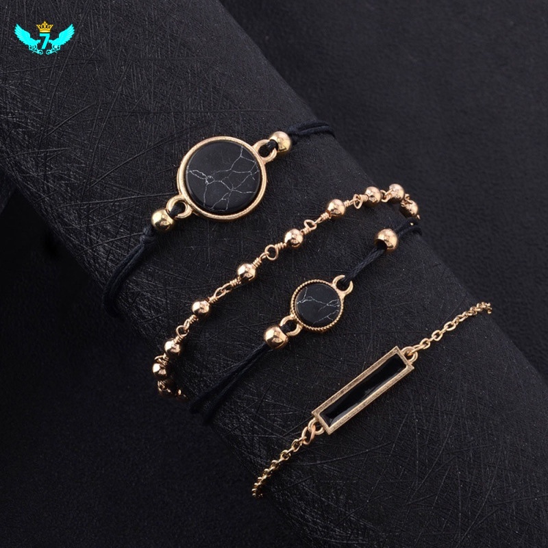 Set 4 Vòng Tay Chuỗi Hạt Đá Ngọc Lam Hình Vuông Màu Đen Phong Cách Boho Thời Trang