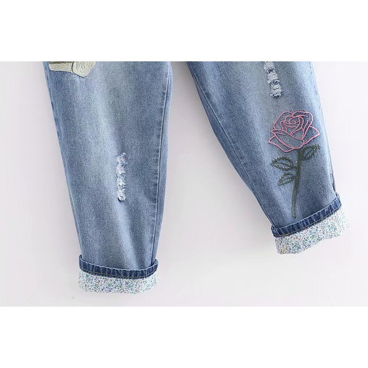 Quần Jean Baggy Nữ Thêu Hoa Hồng 671