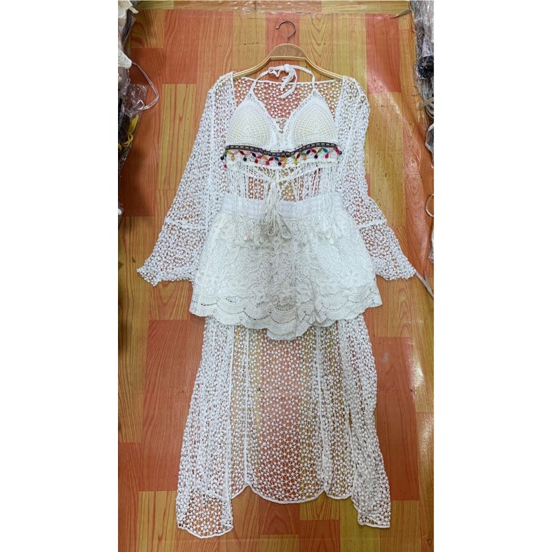 Set biển đẹp - set 3 món - bra tua rua dài ngọc + quần hoa cạp + choàng dài tay loe ~100cm (có tách rời)