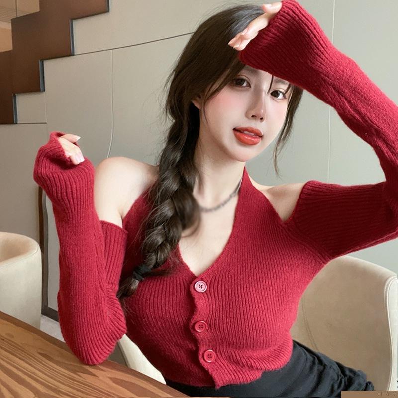 Áo len dệt kim tay dài trễ vai màu sắc thanh lịch dành cho nữ