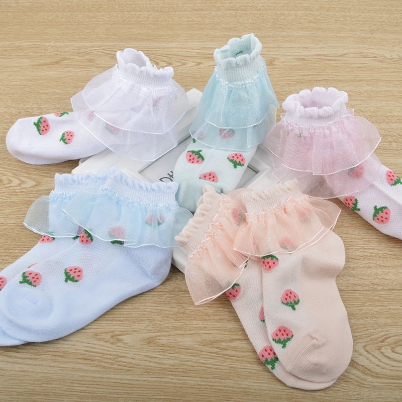 Vớ Cotton Phối Ren Thoáng Khí Họa Tiết Dâu Tây Màu Hồng Dễ Thương Thời Trang Mùa Hè Cho Bé Gái 0-9 Tuổi