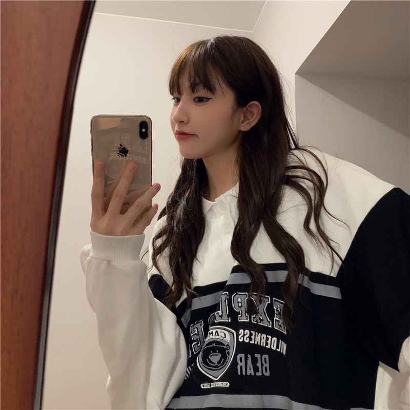 COZOK Áo sweater cổ polo dáng rộng màu sắc retro