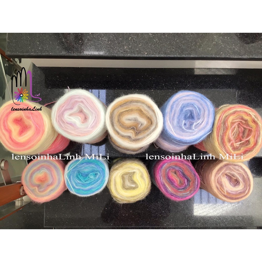 Len mohair loang cầu vồng cuộn 100g sợi to đan móc