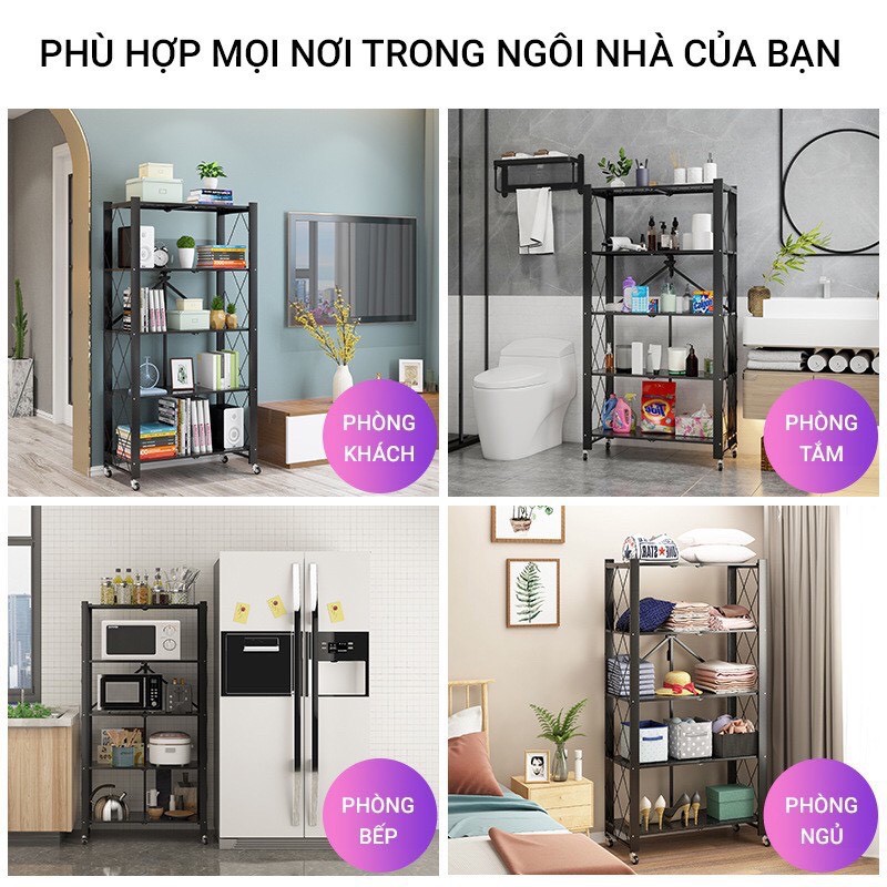 Kệ để đồ nhà bếp chắc chắn, kệ sắt đa năng gấp gọn, chất liệu Inox cao cấp không gỉ, có bánh xe, dễ dàng di chuyển.