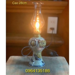 Đèn thờ men rạn đắp rồng nổi h28cm thắp điện gốm sứ Bát Tràng