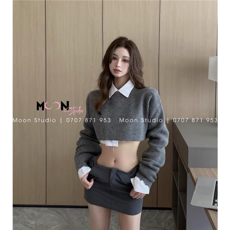 Set áo croptop và chân váy 3 món - xám sexy