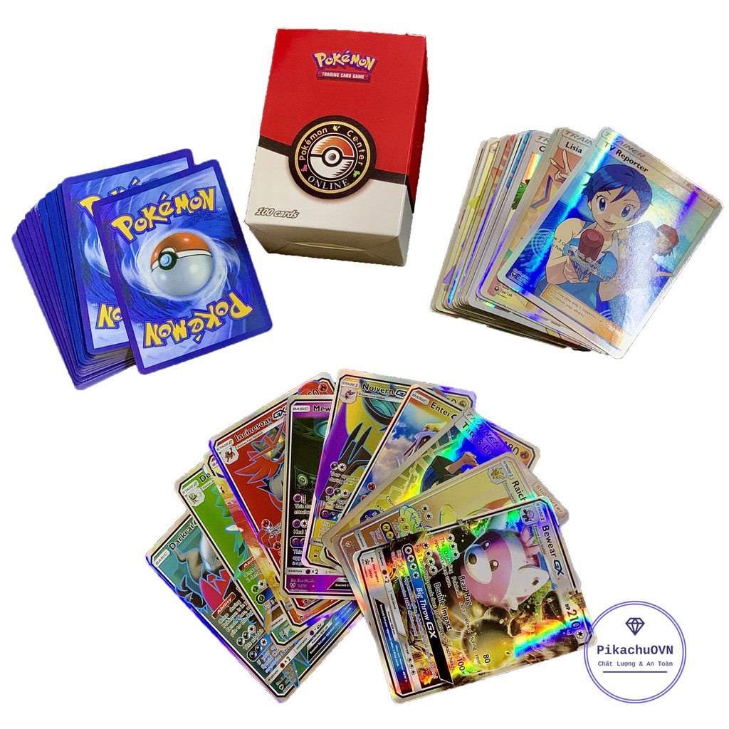 Bộ Thẻ Bài Chơi Pokemon 100 Thẻ (70Gx,20Mega,10Trainer) Chơi Đối Kháng New Đẹp