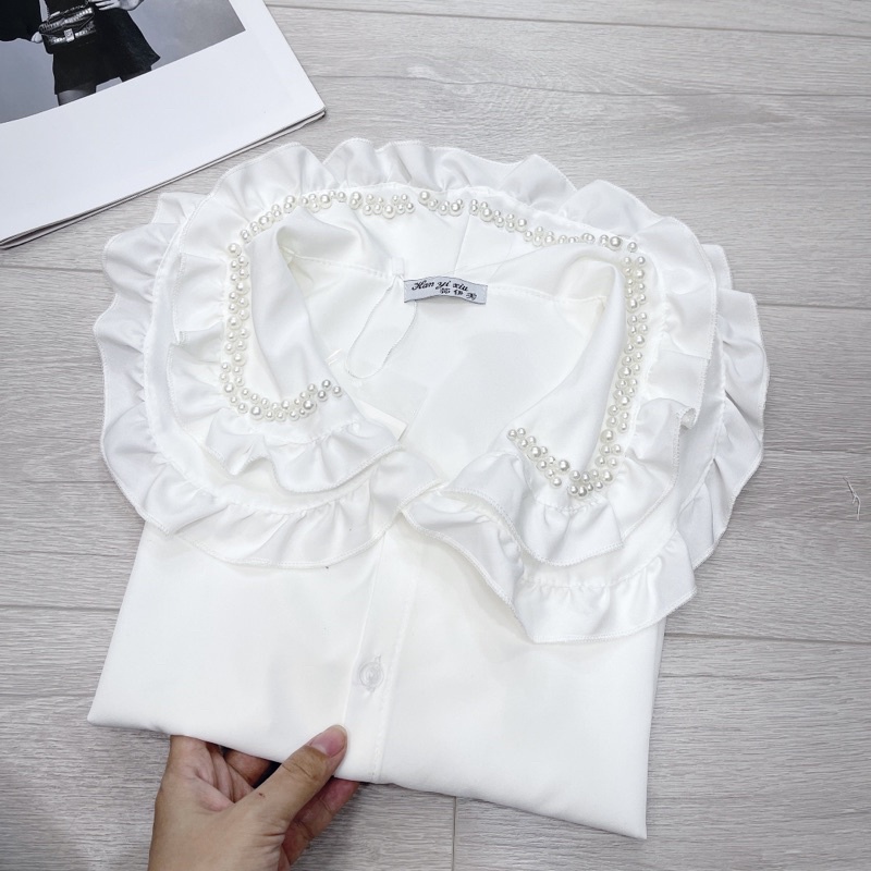 Áo sơ mi trắng cổ bèo đính ngọc áo trắng tiểu thư