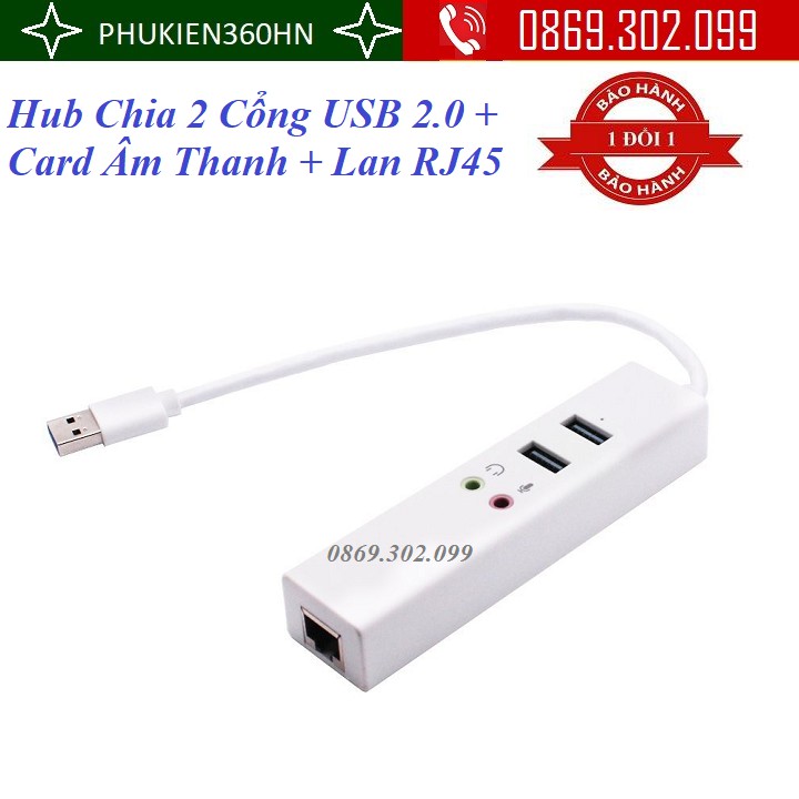 Hub Đa Năng Chia 2 Cổng USB 2.0 + Card Âm Thanh + Lan RJ45