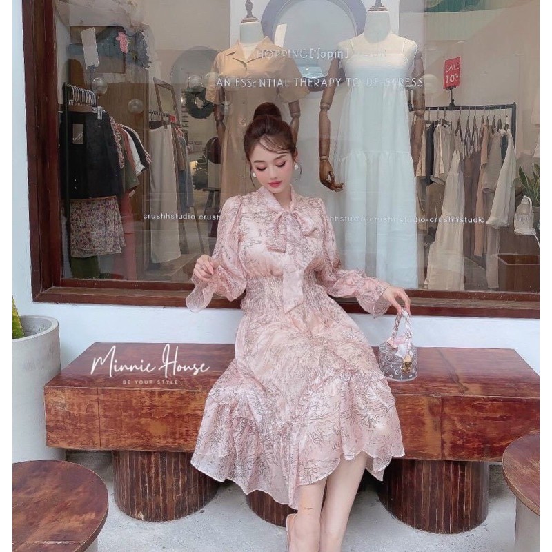 Đầm maxi loang nơ cổ tiểu thư Quảng Châu, Đầm maxi loang màu (Ảnh thật shop chụp)