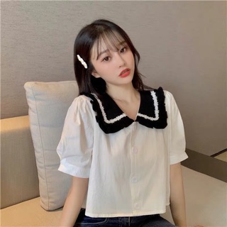 [SALE] Áo sơmi croptop cổ pha đen