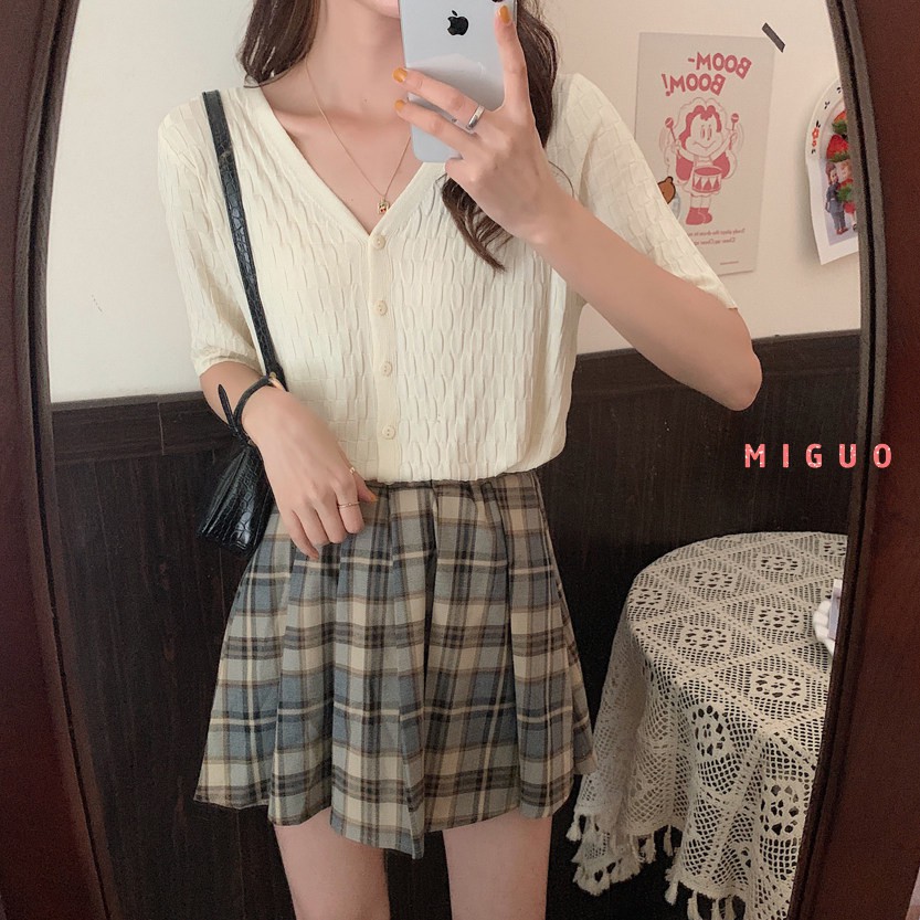 Áo Dệt Kim Tay Ngắn Cổ Chữ V Dáng Rộng Phong Cách Thời Trang Hàn Quốc Dành Cho Nữ