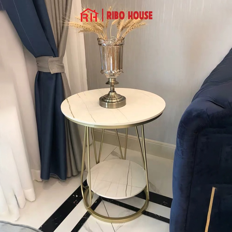 Bàn trà sofa RIBO HOUSE mặt đá khung kim loại sơn tĩnh điện mẫu 7, bàn trang trí phòng khách ban công RIBO175