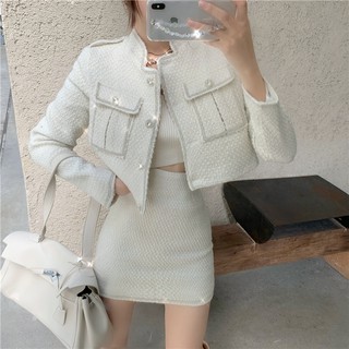 Set tweed nữ áo khoác nút đá phối váy ngắn (có hình thật)