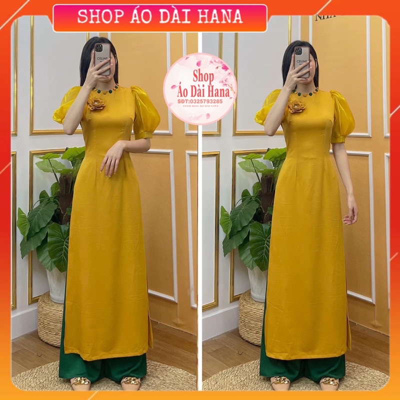 Áo dài vàng tay bồng bo tơ, áo dài vàng cổ đính cúc tay phối tay tơ