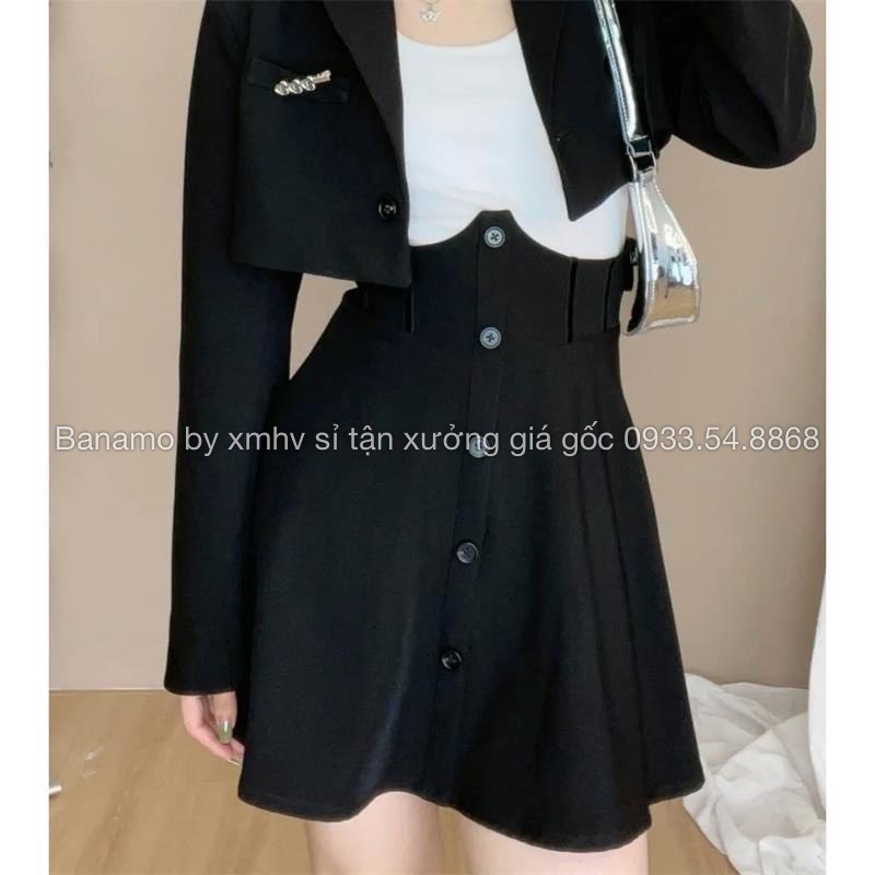 Chân váy xòe cạp cao phối nhung cúc dọc có BIGSIZE thời trang Banamo Fashion 5323