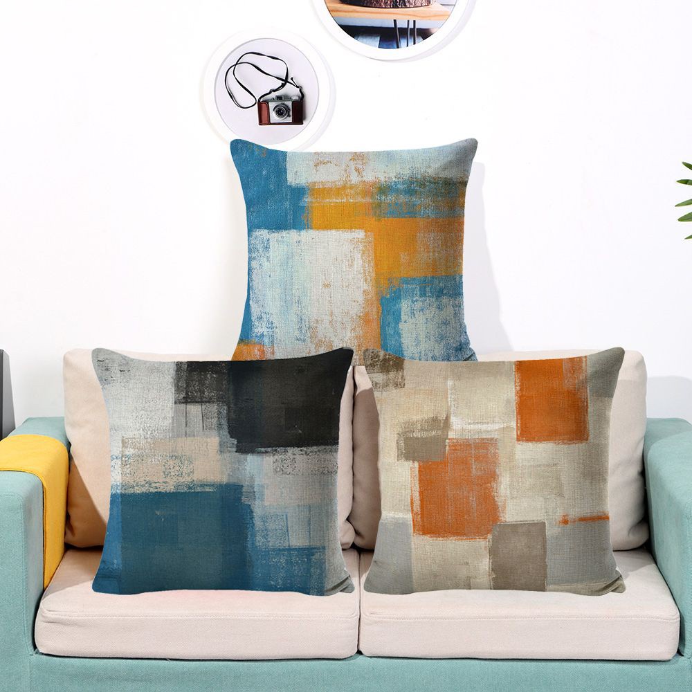 ❤LANSEL❤ 18x18inch Fashion Throw Pillow Cases Linen Abstract Paint Art Pillow Covers Farmhouse Style Home Decor Orange Gray Brown Modern Sofa Cushion