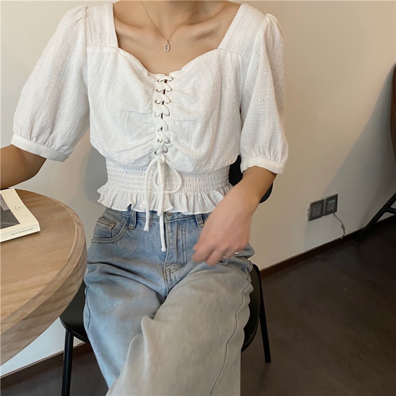 Áo trắng dây rút retro DA238