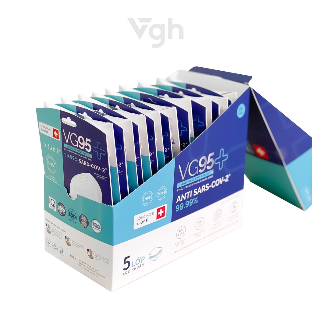 Hộp khẩu trang VG95+ thiết kế 3D tiêu chuẩn KN95 công nghệ Thụy Sĩ diệt khuẩn - Chính hãng VG Healthcare - Hộp 20 chiếc