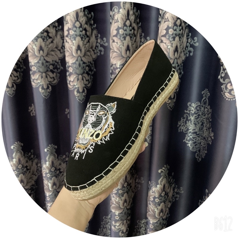 Giày lười nữ Slipon kenzo vải thêu đế cói