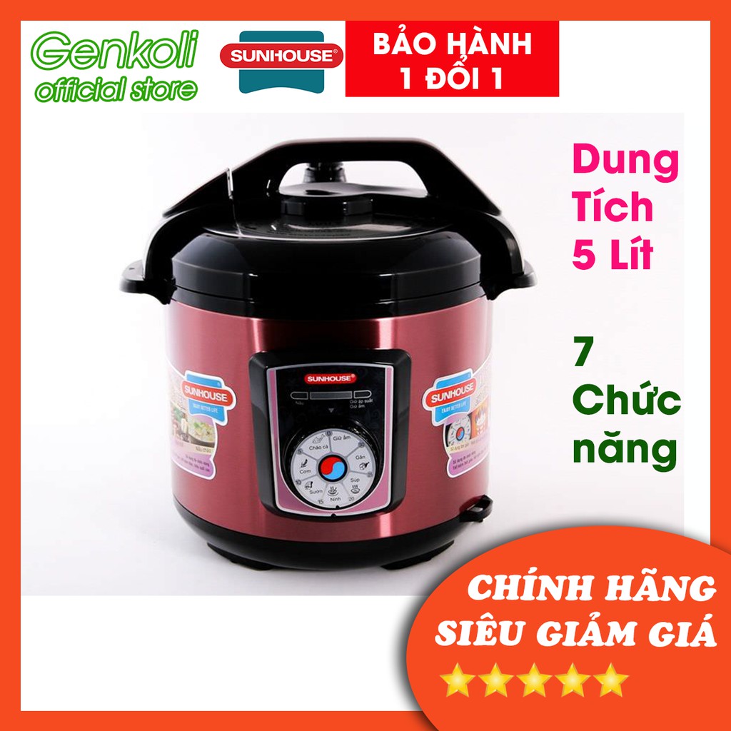 Nồi áp suất điện tử Sunhouse SHD1755 dung tích 5 Lít (màu đỏ), nồi hầm điện tử đa năng Chính Hãng Bảo Hành 1 Đổi 1