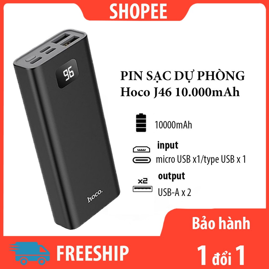 Pin Dự Phòng Hoco J46 10000mAh /J46A 20000mAh với 3 đầu vào U+C+L all in one, có màn hình Led hiển thị % Pin tiện lợi