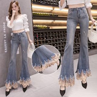 Quần Dài Ống Loe Phối Ren Phong Cách Retro Cho Nữ