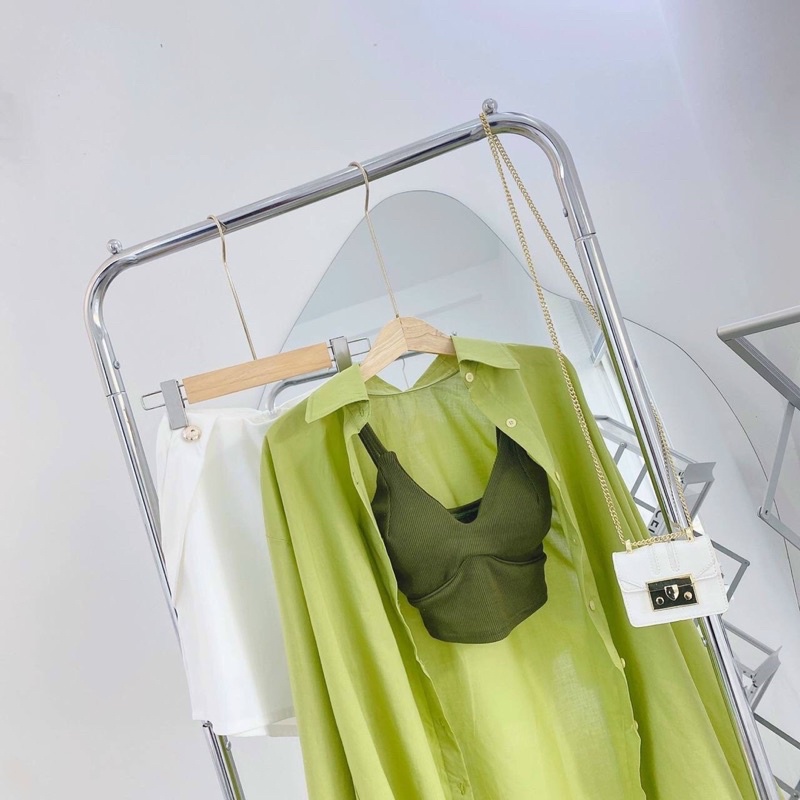 Set sơ mi xanh thun crop 2 dây short trắng
