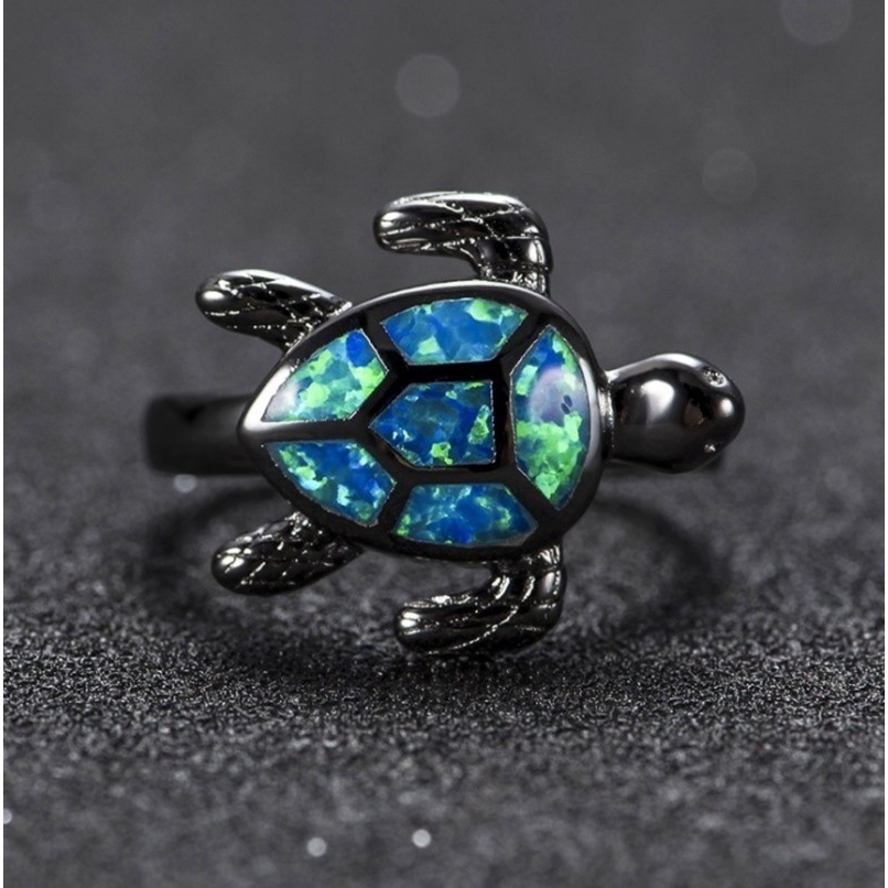 Perhiasan Cincin Kawin / Tunangan Desain Kura-Kura Hitam Opal Biru 14kt untuk Pria / Wanita