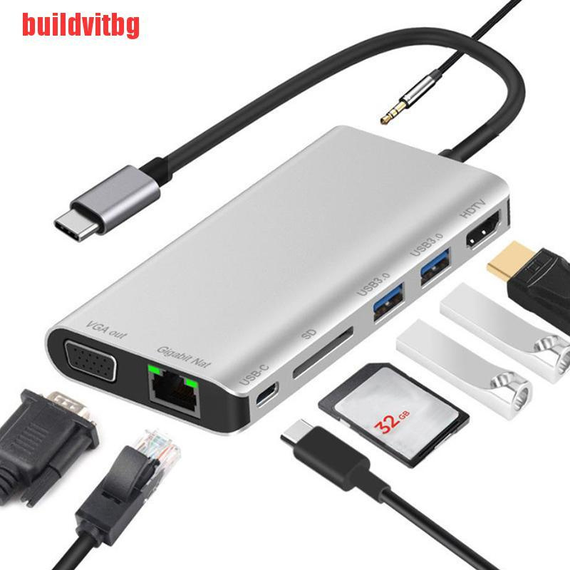 Đầu Đọc Thẻ Chuyển Đổi Usb-C Sang Rj45 Lan 4k Hdmi Vga 2usb 3.0 8 Trong 1 Type C Gvq