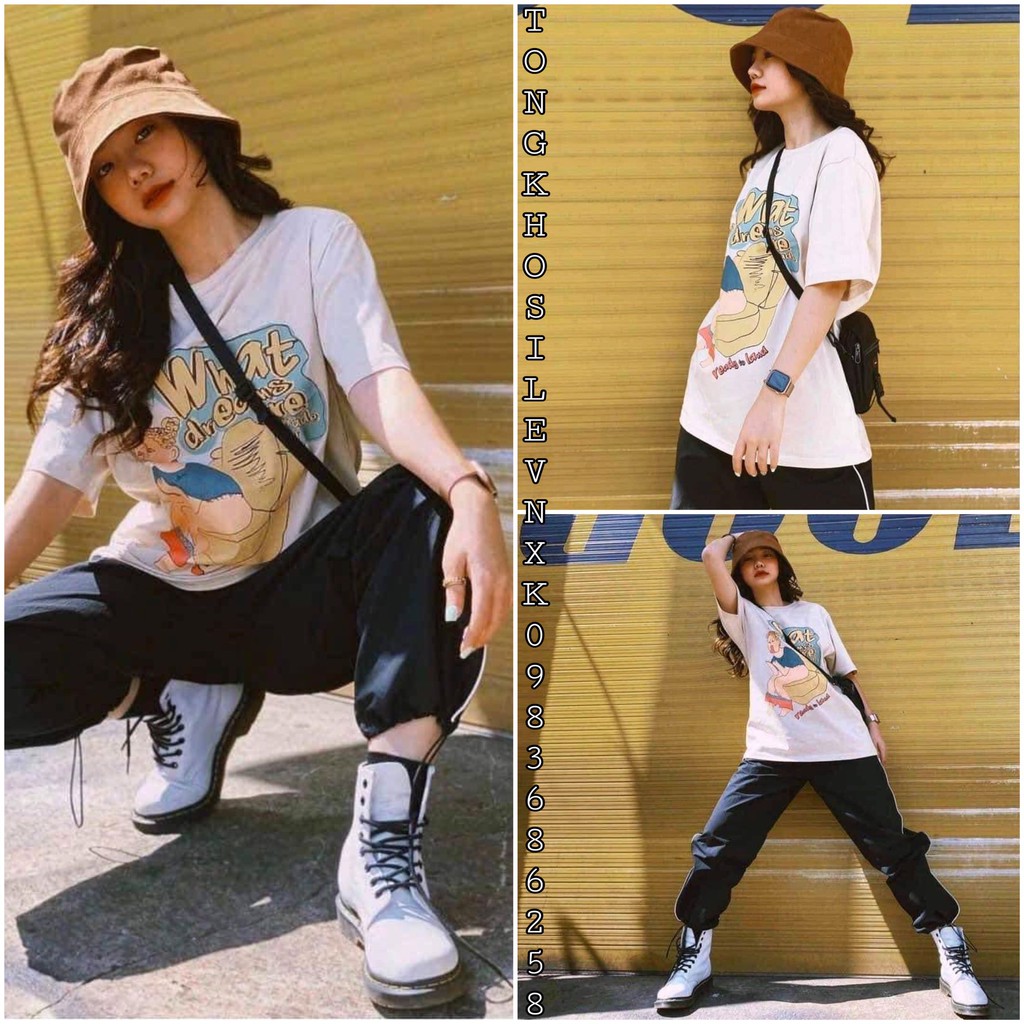 BỘ ÁO THUN TRẮNG CÔ GÁI WHAT MIX QUẦN JOGGER ĐEN SỌC MÍ Dáng Suông Form Thụng Hot