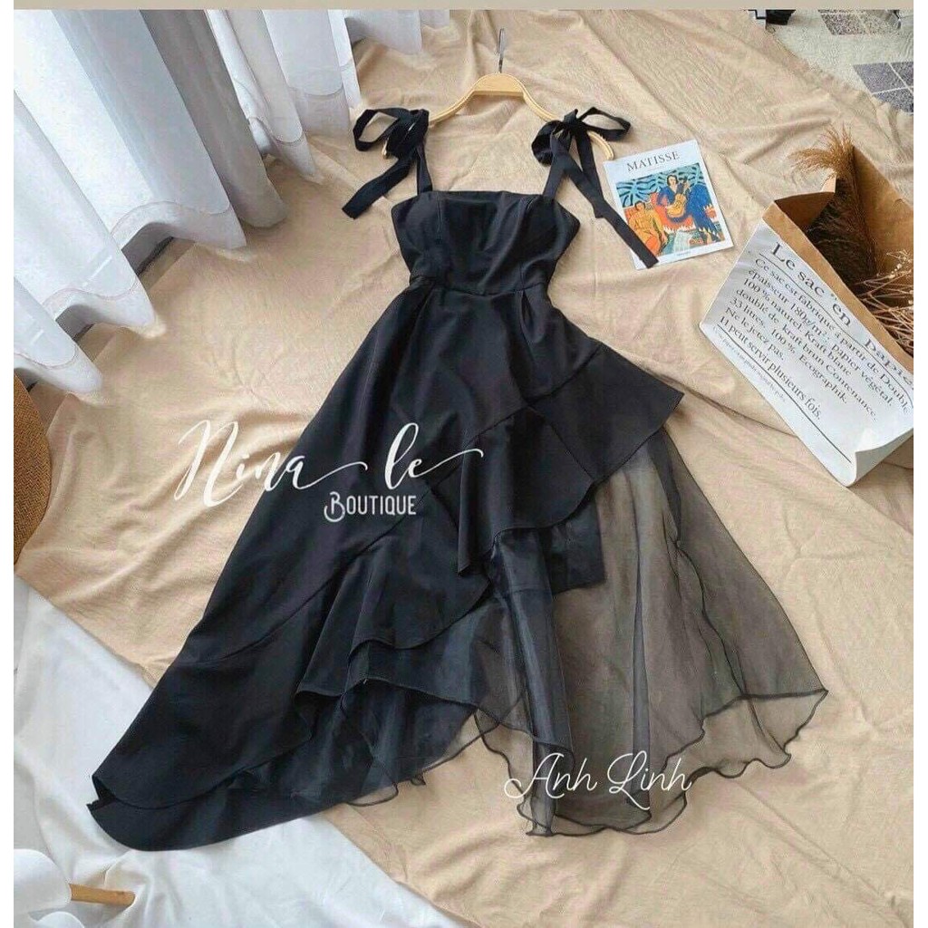 [MẪU HOT] Đầm Xòe Chéo Tà Vạt Xéo Hai Dây Cột Nơ Vai Form Dài - Hadi Dress