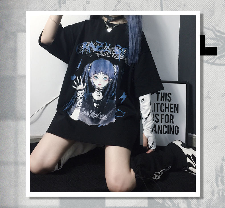 2022 New Hip-hop Short-sleeved Female Gothic Summer Harajuku Style JK Loose Dark Black Anime Large Size Top Ins Shirt