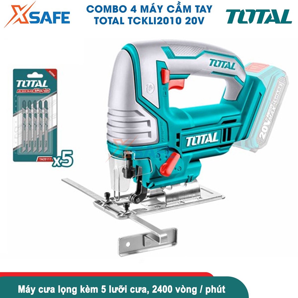 Bộ 4 máy cầm tay dùng pin 20V TOTAL TCKLI2010 gồm máy khoan, máy bắn vít, máy cưa lọng, máy cưa đĩa, 2pin 4a.h và 1 sạc