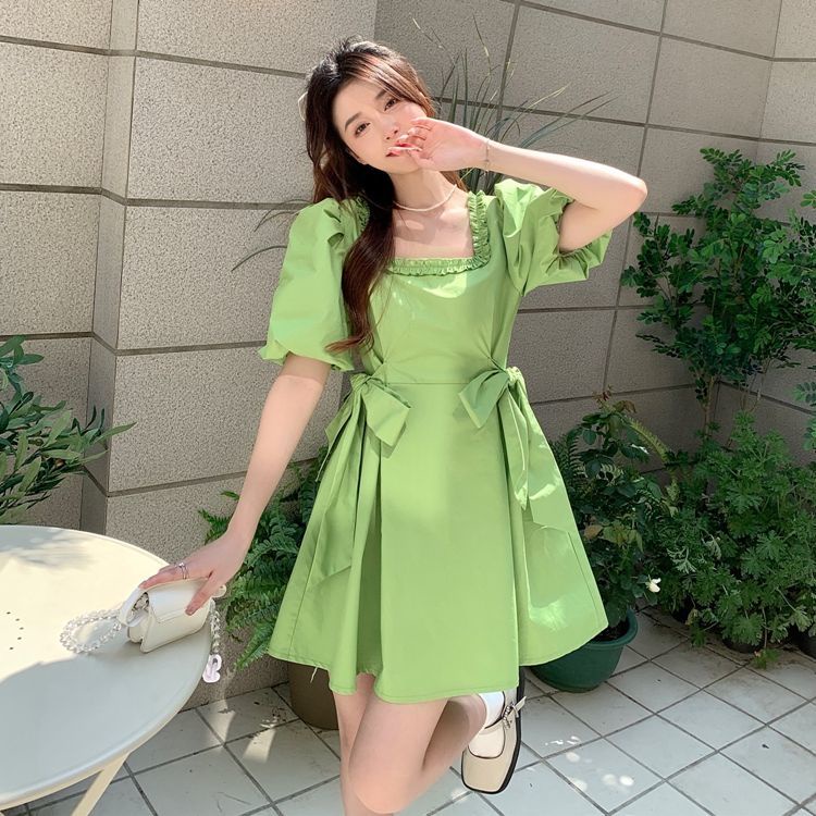 Đầm Tay Phồng Cổ Vuông Thiết Kế Thắt Nơ Eo Mẫu Mới Thời Trang Mùa Hè Theo Phong Cách Hàn Quốc Cho Nữ