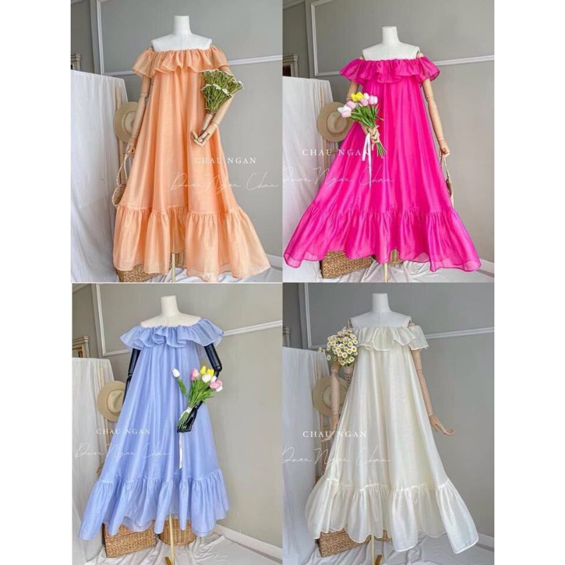 Váy tơ trễ vai maxi hai lớp | BigBuy360 - bigbuy360.vn