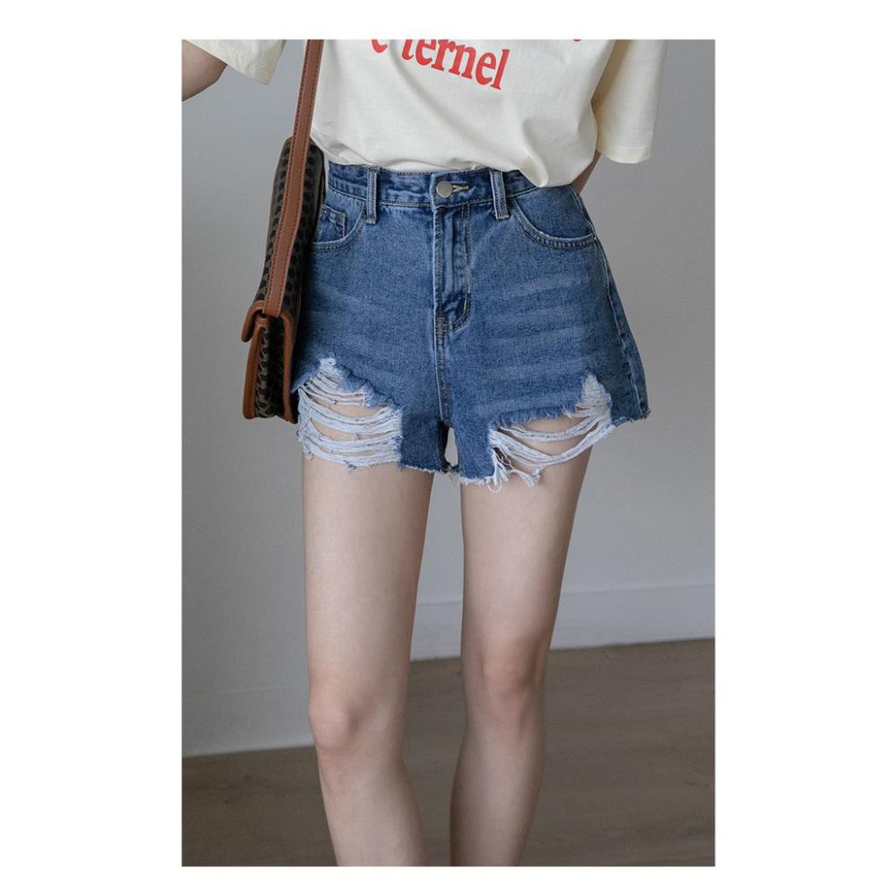 Quần Short Jean Nữ Ống Rộng Lưng Cao Rách Màu Xanh Đậm Ulzzang Hàn Quốc Quần Đùi Bò Cạp Cao Denim Hàn Quốc