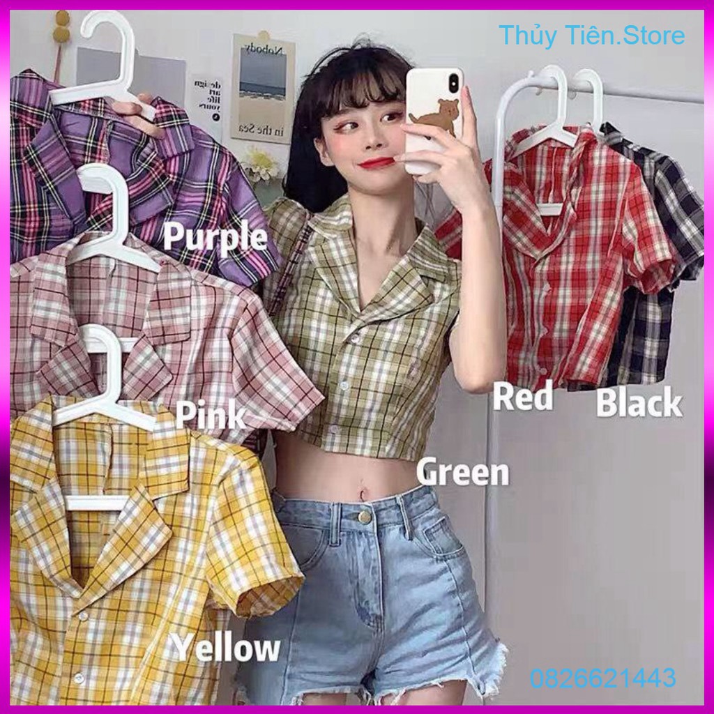 ÁO SƠ MI CROPTOP TAY NGẮN KẺ SỌC CARO THỜI TRANG CHO NỮ - CROPTOP CARO KẺ TÍM ĐEN ĐỎ HỒNG VÀNG XANH 💎 👗💝