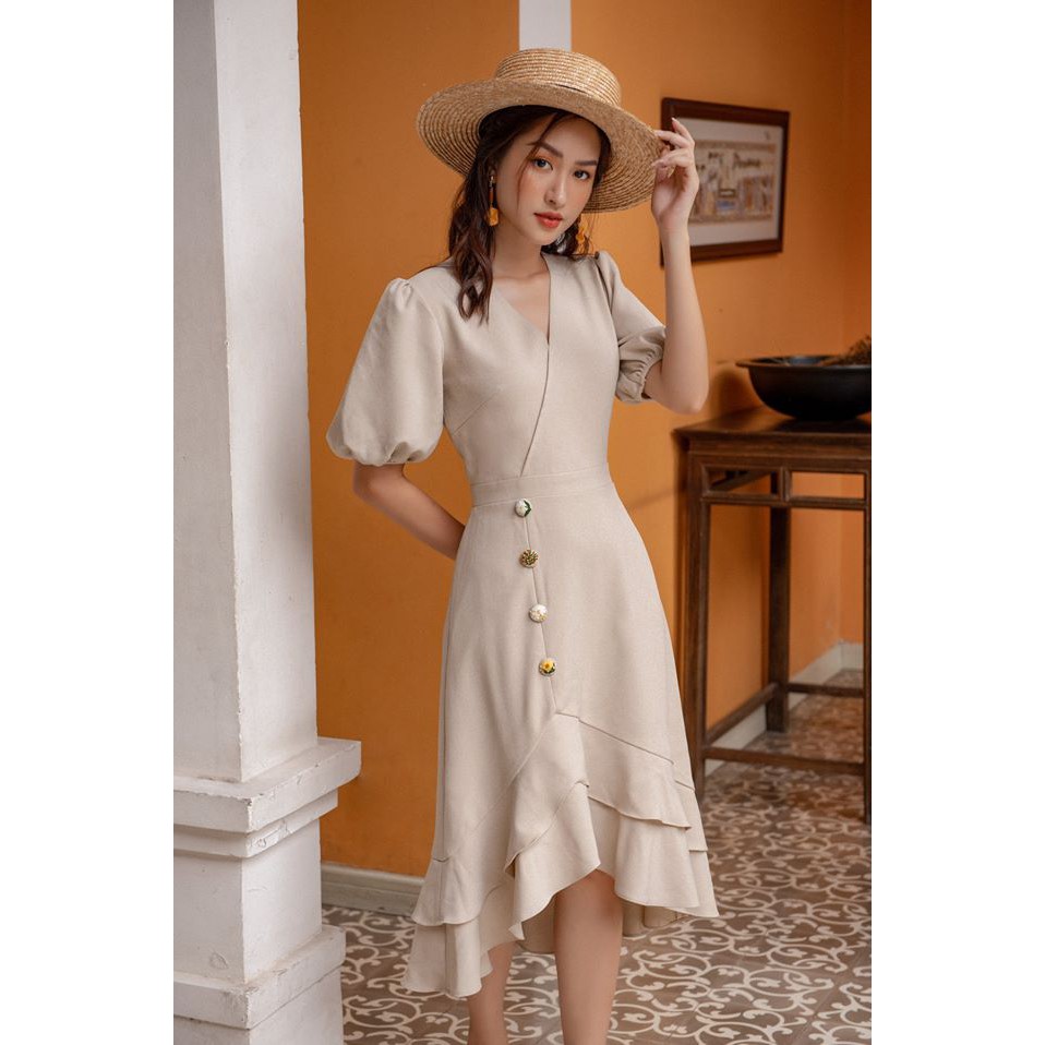 Pass váy OLV Beige Button Embro Dress - NEW TAG