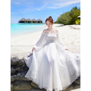 (Hàng có sẵn❤️❤️❤️) Đầm/Váy Maxi Trắng Trễ Vai Tay Dài
