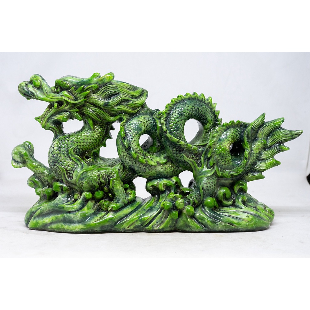 Tượng Rồng phong thủy tay cầm ngọc cao 13cm từ đá nhân tạo màu xanh ngọc bích