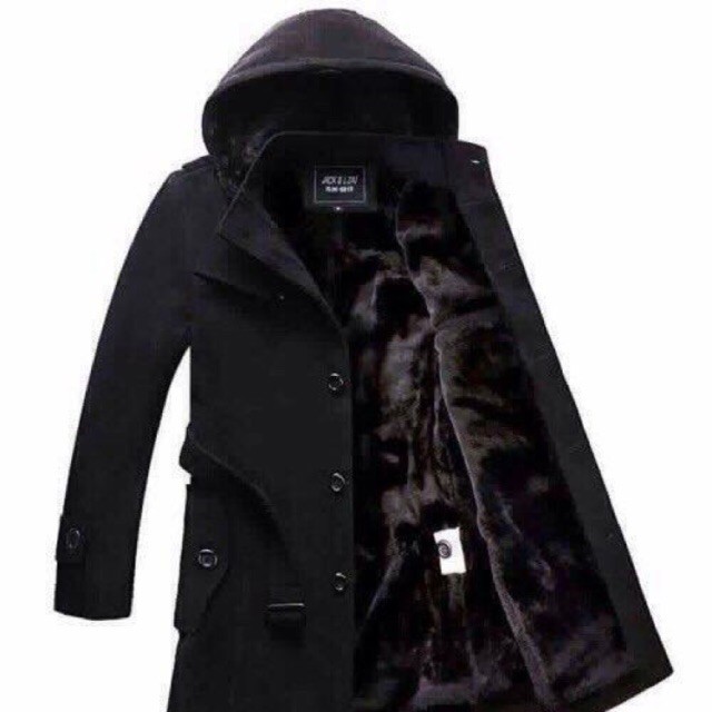 áo hoodie Áo khoác măng tô dạ nam lót nỉ lông có mũ và đai tháo rời