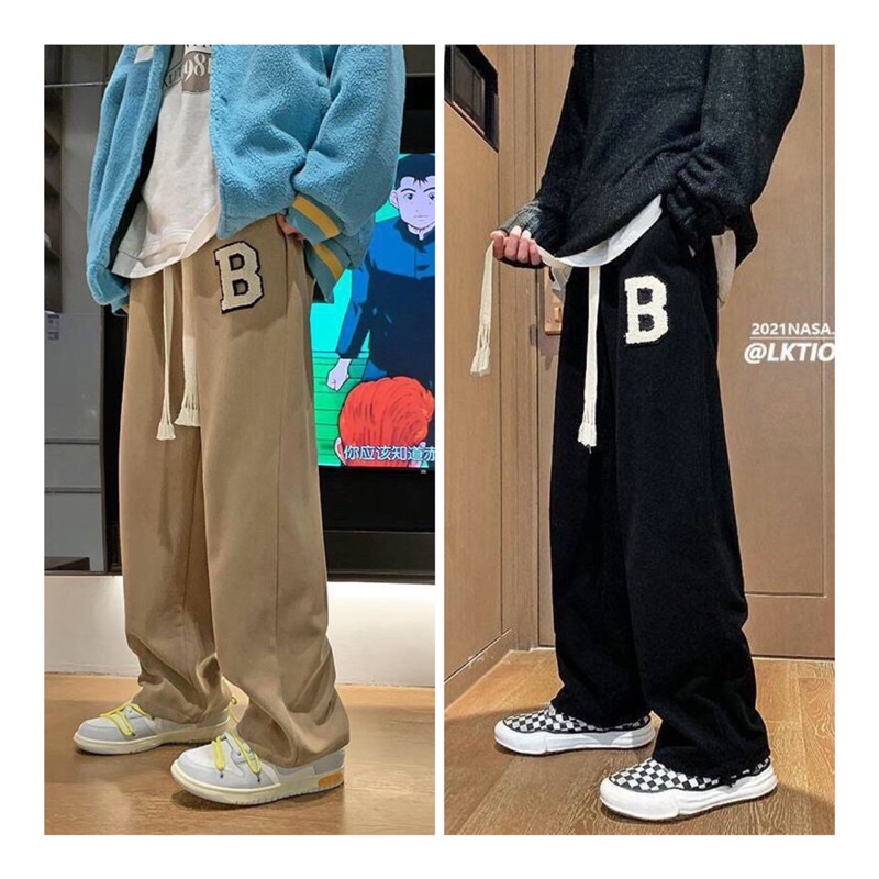 Quần Thể Thao Ống Rộng Thêu Chữ B Chun Lưng Cao ANHRIBI Chất Bo Tăm Loại 1 Dày Dặn Phối Dây Bản To Trendy Ullzang Unisex