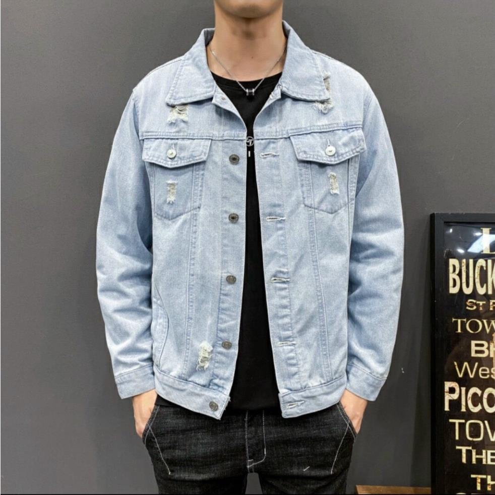 Áo Khoác Jean Nam Rách phong cách Hàn Quốc Áo Khoác Rin Jeans Jean Rách Vai Nam Nữ Màu Xanh NHẠT VÀ ĐẬM Chất Unisex