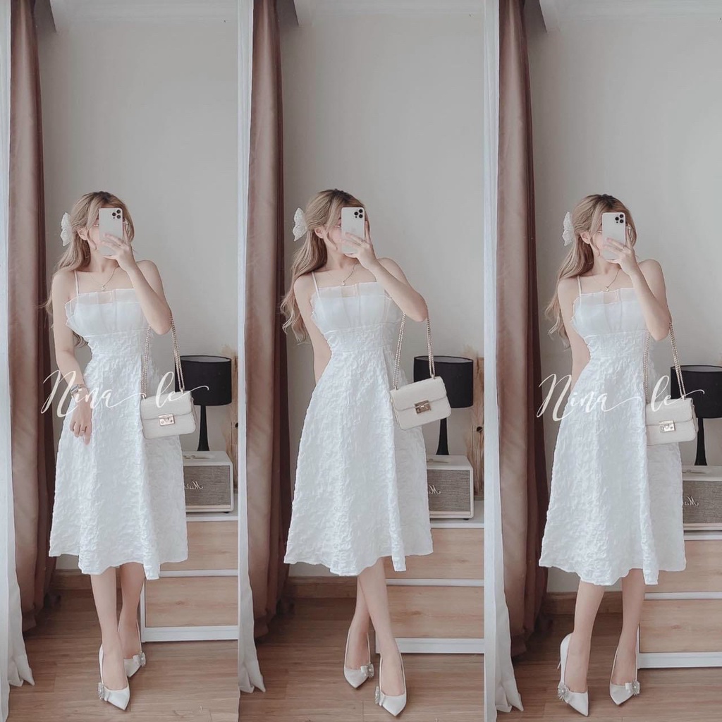 [Hot Trend] Đầm Xốp 2 Dây Phối Voan Kiến