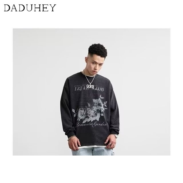 DaDuHey Men's and Women's American-Style Retro Oversize Top Washed Old Floral Long-Sleeved T-shirt