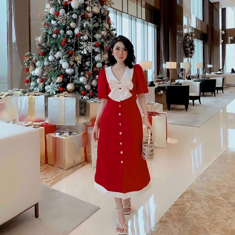 Váy đầm nữ công sở thiết kế dáng dài, mẫu váy đầm xòe nhẹ chữ A cổ nơ mới lạ, ngắn tay, 2 màu đỏ đen - L047 | BigBuy360 - bigbuy360.vn